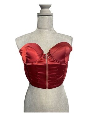 Satin Red Strapless Bustier Bandeau with Front Zip